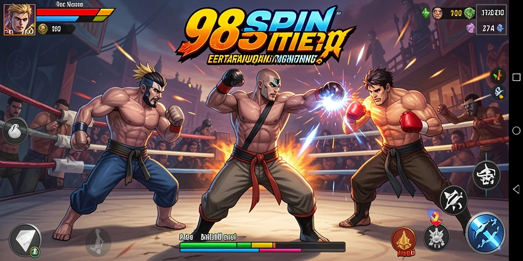 Tampilan gameplay menegangkan di 98SPIN dengan karakter bertarung.