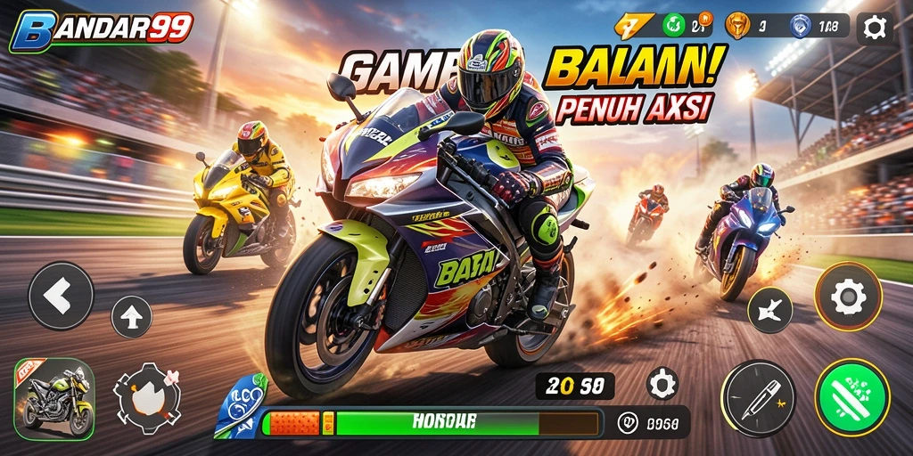 Screenshot utama BANDAR99 menampilkan aksi balap motor yang thrilling.