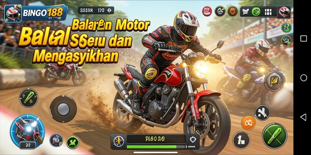 Screenshot BINGO188 menampilkan momen seru balapan motor di lintasan.