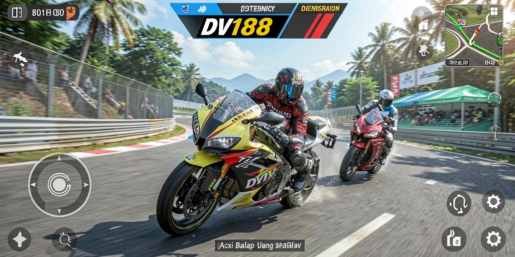 Screenshot gameplay DV188 dengan balapan motor yang seru.