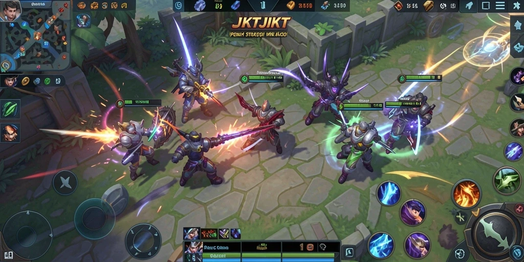 Tampilan gameplay seru dalam arena pertarungan MOBA JKTJKT.