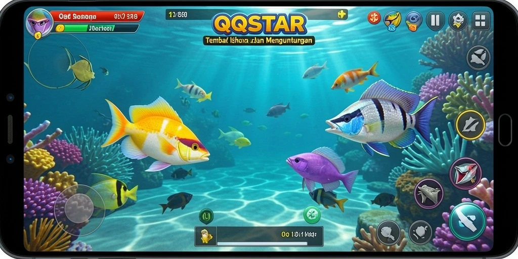 Screenshot gameplay QQSTAR yang menunjukkan aksi tembak ikan yang seru.