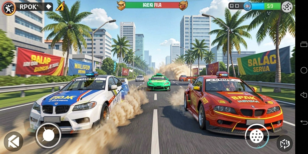 Screenshot menampilkan gameplay balap yang seru dan mendebarkan.