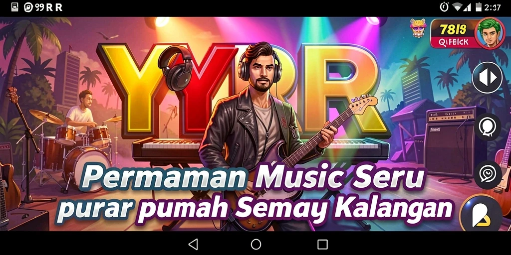 Screenshot utama YYRR menunjukkan gameplay menarik dengan berbagai jenis musik.
